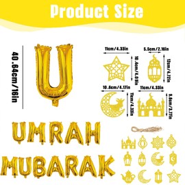 12PCS 16" Gold Foil Umrah Mubarak Balloons with 12 Pendants, Umrah Mubarak Decoration, Eid Mubarak, Ramadan DGold Foil Letter Balloons for Ramadan Muslim Eid Umrah Mubarak Decorations Party Supplies