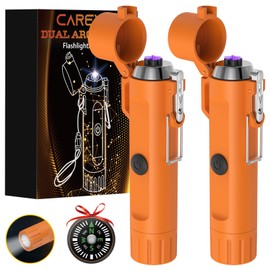 Electric Waterproof Lighters Gifts for Men: 2 Pack LED Flashlight Lighter Christmas Stocking Stuffers for Adults Him Boy Birthday - 3-in-1 USB Dual Arc Outdoor BBQ Camping Hunting Survival Gadget