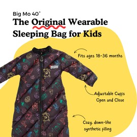 Big Mo 40° Kids Sleeping Bag (Ages 18-36m). The Coziest, Funnest Camping Sleeping Bag for Kids with Adjustable Cuffs. (Black Rainbow)