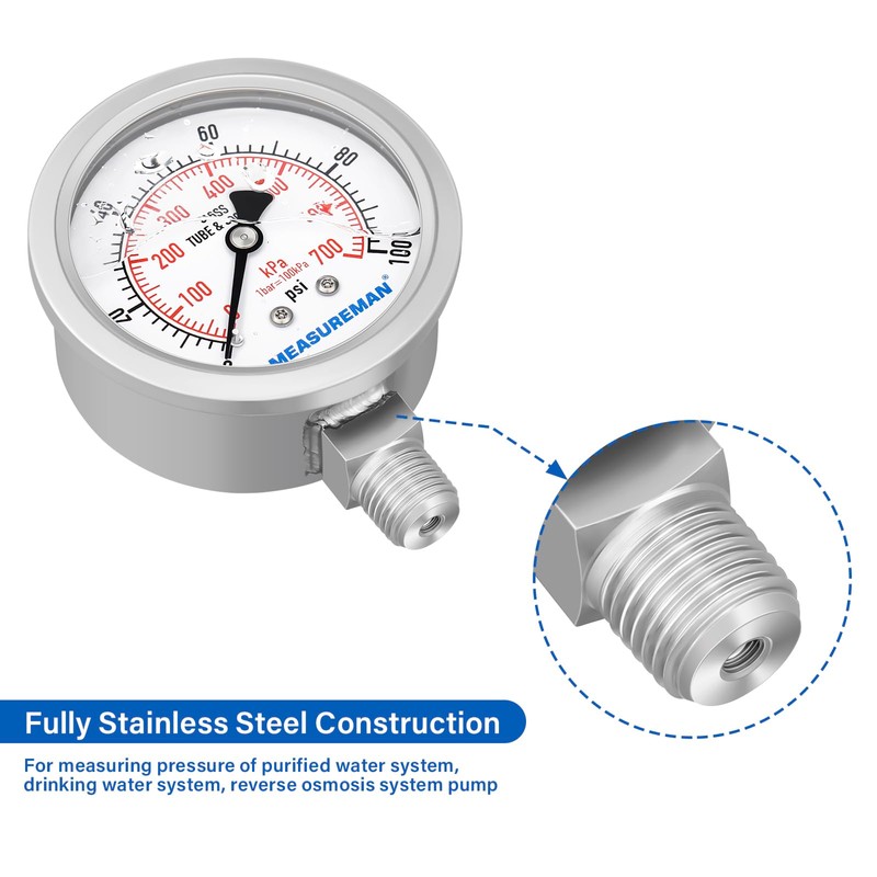 MEASUREMAN Fully Stainless Steel Hydraulic Glycerin Filled Pressure Gauge, 2-1/2"