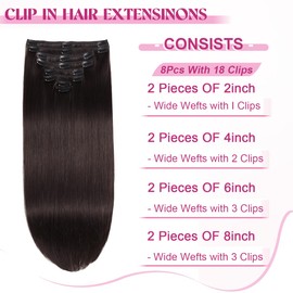 POGINJA Clip in Hair Extensions Real Human Hair, Remy Human Hair Extensions Clip ins for Women, 100% Natural Human Hair, Double Weftm, 18inch 100g 8Pcs, #2 Dark Brown