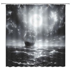 ZWSMZW Pirate Ship Shower Curtain Nautical Sailboat Sailing Fantasy Sea Adventure Full Moon Starry Sky Night Bathroom Decor Fabric Curtains with Hooks