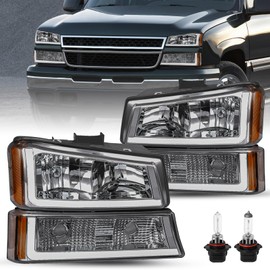 JSBOYAT Fit for 2003-2006 Chevy Silverado Headlight Assembly 4pcs w/LED DRL 03-06 Avalanche w/Bumper Lights OE Style Replacement Bulbs Included Amber Reflector with Smoke Lens