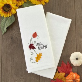 SKL Home Fall/Harvest Hello Autumn Leaves 3D Hand Towel 2pc Set for Bath/Kitchen/Bar & Gift, White
