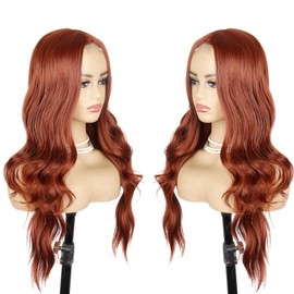 Long Auburn Wavy Wig for Women 26 Inch Middle Part Lace Hairline Curly Wavy Wig Natural Looking Synthetic Heat Resistant Fiber Wig for Daily Party Use (#350, 26inch)