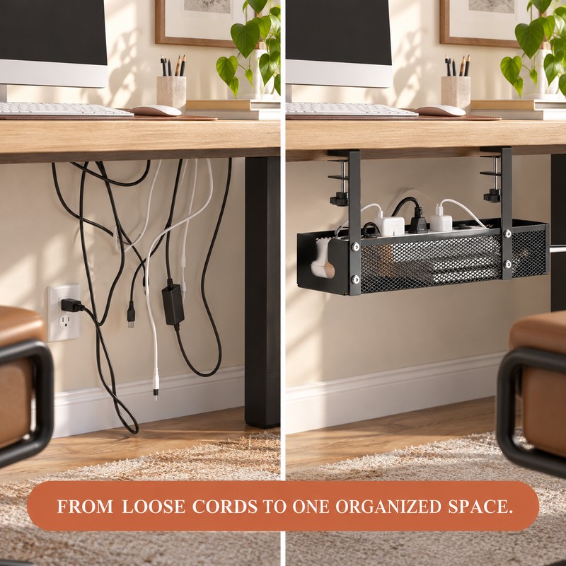 Under Desk Cable Management Tray – No-Drill Clamp-On Carbon Steel