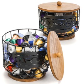 yarlung Set of 2 Coffee Pod Holder with Lid, Large Capacity K Cup Holder with Rustic Wooden Base, Black Wire Coffee Storage Basket for Coffee Filters Capsules, Coffee Bar Organizer