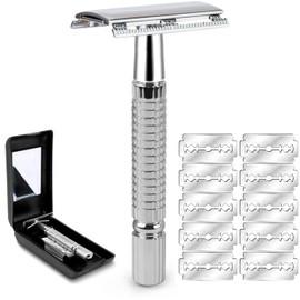 Maquinilla de Afeitar Clasica, Rastrillo para Afeitar Hombre Maquinilla de Afeitar Doble Filo Maquinilla de Afeitar de Seguridad Máquina de Afeitar Barba Maquinilla de Afeitar Acero Inoxidablecon 10 Cuchillas y Caja de Afeitar con Espejo Interior (Plata)
