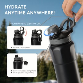 SANTECO Stainless Steel Bicycle Water Bottle, 830 ml, BPA-Free with Portable Carry Ring, Thermos Flask, Leak-Proof, Dishwasher Safe for Running, Road Bike, Gym, Hiking, Black