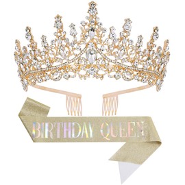 Papoopy Birthday Tiara Crown with Sash for Women and Girls, Headband Hair Accessories for Wedding Party Costume Gold