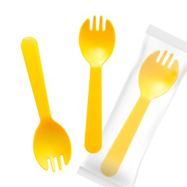 Plastic Sporks Disposable Individually Wrapped, Orange Mini Forks and Spoons 2 in 1 for Desserts, Kids lunch, Party Supply 4.3" 100 PCS