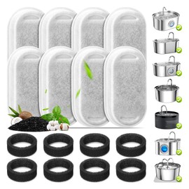 8 Pack Cat Water Fountain Filters, Replacement Filters & Pre-Filter Sponges for 3.2L/108Oz & 67oz/2L Stainless Steel Pet Fountain