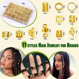 SVNMU 280pcs Gold Hair Jewelry for Braids Dreadlock Locs Metal Hair Clips Accessories for Women,Adjustable Hair Cuffs Coils Rings Charms Braiding Deco