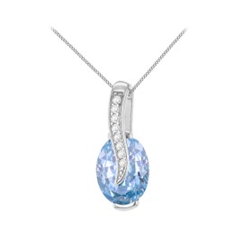 Tuscany Silver Women's Sterling Silver Rhodium Plated Light Blue Oval CZ with White Round CZs Crossover Pendant on Sterling Silver Rhodium Plated Adjustable Curb Chain 42cm/16' - 45cm/17.75'