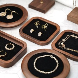 SURVART 2 Pack Walnut Wood Tray, 3.7 Inch Square Jewelry Organizer & Ring Holder, Elegant Wooden Display Dish for Earrings, Necklaces, Bracelets, Small Accessories, Sustainable Jewelry Tray Set