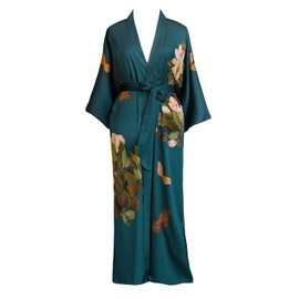 KIM+ONO Women's Plus Size Charmeuse Kimono Robe Long - Watercolor Floral - Blue - One Size