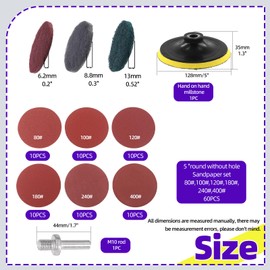 Swpeet 5 Inch Sanding Discs Pad Assorments Set, 5 Inch Hook and Loop Backing Pad with 80 100 120 180 240 400 Grit Sanding Discs and 1/4 Inch Shank, Sandpaper Disc Kit for Drill Grinder Rotary