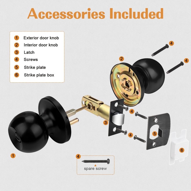 Probrico Flat Black Ball Privacy Door Knobs, Interior Bedroom Bathroom