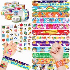 Cherisnowy 144 PCS Back to school Party Favors - 72 Temporary Pre-Cut Tattoos & 72 Slap Bracelets - Perfect for Themed Parties, Baby Showers, Classroom Rewards & Gifts for Kids