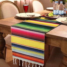 SevenFish Mexican Serape Table Runner for Mexican Party Wedding Decorations Dining Table, 14 x 84 Inch Fringe Cotton Table Runner Yellow