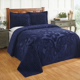 All Seasons 2 Piece 100% Cotton Tufted Chenille Bedspread Coverlet Set King Size Heirloom Quality in Medallion Design | Navy Blue Color Western Bedding Soft Plush Cozy Aesthetic Look