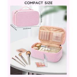 Twofold Cute Makeup Bag for Girls, Portable Pink Cosmetic Bag, Dual-Layer Makeup Pouch with Brush Holder, Multi-Functional Preppy Toiletry Organizer for Travel, Daily Use - Pink Strip