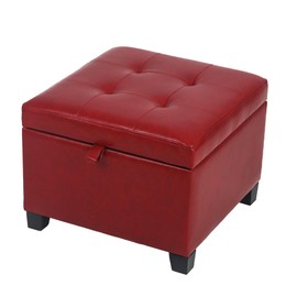 Adeco Faux Leather Storage Ottoman with Hinged Lid, 14 Inch High Red Square Cube Foot Stool with Storage, Upholstered Vanity Stool with Solid Wood Legs for Living Room, Bedroom, Dorm