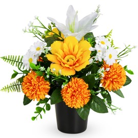 XONOR Artificial Grave Flowers in Pots, Potted Artificial Chrysanthmums Lily Daisy Flowers for Home Decor, Outdoor Cemetery Funeral Grave Decoration (1piece, Orange&White)