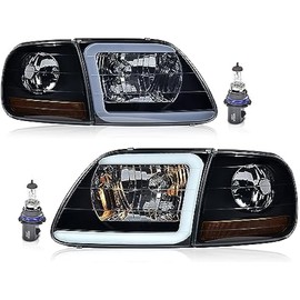 PIT66 LED DRL Headlights & Corner Parking Lights Compatible with 1997-2002 Ford Expedition/Fit 1998-2003 Ford F150 /2004 F150 Heritage/Fit 1998-1999 F250 Smoky Lens Black Housing Amber Reflctor