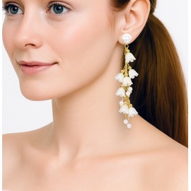 Gold Pearl Flower Earrings for Women Lightweight Dainty Long Dangle Earrings Hypoallergenic, Cute Statement Freshwater Cultured Gold Earring Gifts