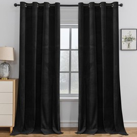 YSTELLAA Velvet Curtains, Set of 2, 140 x 160 cm, Thermal Curtain, Cold Protection with Eyelets, Opaque Living Room Modern, Thermal Curtain Bedroom, Blackout Sound Protection, Black