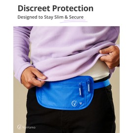 Vantamo Hidden Money Belt For Extra Safety, RFID Protected Ultra-Thin Fanny Pack, 2 Compartment Money Bag Fits Passport & Phone to Protect Valuables, Blue Fanny Pack for Traveling & Hiking