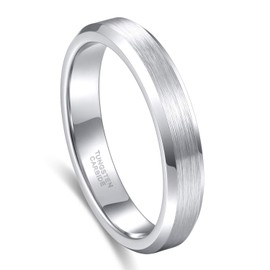 Greenpod 4mm Tungsten Carbide Ring for Men Women Beveled Edge Brushed Silver Wedding Band Comfort Fit Size 6