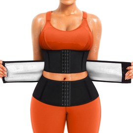 TrainingGirl Waist Trainer for Women Belly Working Out Trimmer Corset Sauna Sweat Belt Band Stomach Wrap Body Shaper Fajas (Black-Silver inner, Medium)