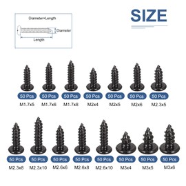 DTGN Mini Self-Tapping Screws Phillips Pan Head Screws for Laptop Computer Repair Assurance Kit,Carbon Steel Black,Size:M1.3x5 to M3x6 (750 Pcs)
