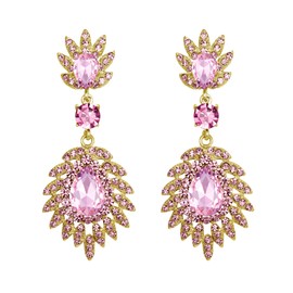 EVER FAITH Pink Crystal Dangle Earrings for Women, Sparkly Rhinestone Vintage Style Art Deco Pierced Drop Earring Wedding Prom Party Jewelry for Brides Bridesmaid Gold-Tone