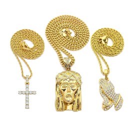 Shiny Jewelers USA Men Gold Iced Out Jesus, Praying Hands, Ankh, Cross, Angel Hip Hop Pendant Chain Necklace Set (Jesus, Praying Hands, Cross Gold)