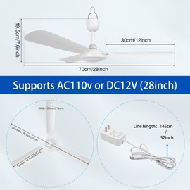 lolobaer 28-inch Outdoor Ceiling Fan for Gazebos, Indoor/Outdoor Spaces, RVs, Camping Tents, Canopies & Beach Areas. Features 3-Speed 3-Timer ，12V Remote Control for Patios, Porches (white)