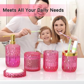Hot-Pink Bathroom Accessories Set, 5 Pcs Clear Glass Bathroom Accessories with Lotion Soap Dispenser, Soap Dish, Toothbrush Holder, Tumbler, Cotton Swab Jars