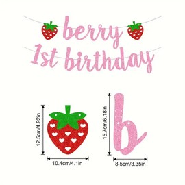 Berry First Birthday Banner, Glitter Pink Berry 1st Birthday Decorations Banner Garland Women Girls Strawberry Theme Birthday Party Decorations Supplies
