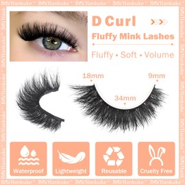 Boahankuke False Eyelashes Mink Lashes Fluffy 18MM Cat Eye Lashes D Curl Wispy Fake Lashes 8D Natural Strip Lashes Volume Lightweight Lashes Pack with Soft Cotton Band,7 Pairs