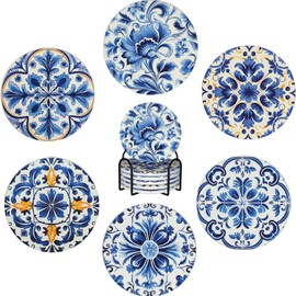 Coasters Set of 6, Coasters for Drinks Absorbent Stone with Holder, Blue and White Flower Ceramic Drink Coaster for Tabletop Protection, Coffee Table Decor Ideal for Home Decor House Warming Gifts