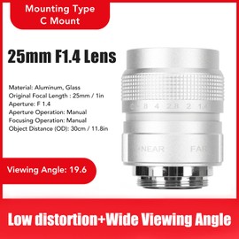 25mm F1.4 CCTV Lens, Manual Adjustment, Advanced Optics, Largest Field of View, Robust and Durable, for Bars, Shops, Parking Lots, Homes and Warehouses (Silver)