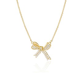 Rrdaily Sparkling Crystal Bow Pendant Choker Necklace for Women Irregular Cubic Zirconia Bowknot Adjustable Chain Necklace Minimalist Silver Jewelry Gift (Gold)
