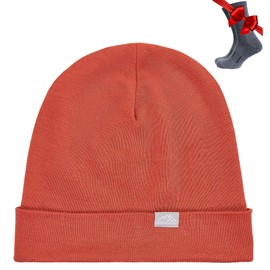 Merino Wool Beanie Men and Women – Cuff Merino Wool Hats for Men and Women - Unisex Adult Beanie Hat and Socks (Rusty Orange, Small-Medium)