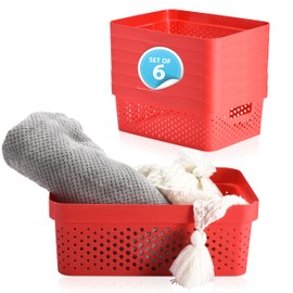 Bins & Things Plastic Storage Bin - Basket Organizer Bins - Suitable as Laundry Bin, Closet Basket, Book Shelf, Pantry Storage - Room Essentials - For Bathroom, Cabinet, & Kitchen - Set of 6 - Red