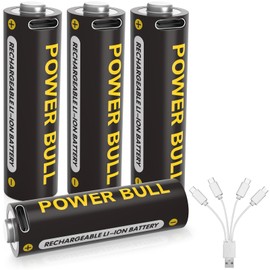 POWER BULL USB AA Battery Lithium, USB Rechargeable AA Batteries 1.5V 3600mWh Over 1000 Cycles with 4-in-1 Charging Cable, 4-Pack