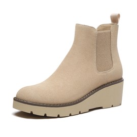 Athlefit Women's Chelsea Wedge Boots Elastic Platform Lug Sole Slip on Wedge Ankle Nude Booties Size 8.5