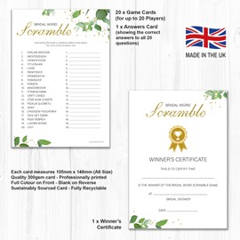 Olivia Samuel 20 x Bridal Word Scramble Bridal Shower Game - Botanicals Design (20 Guest Cards + 1 Card of Answers for The Host + Winner Certificate)