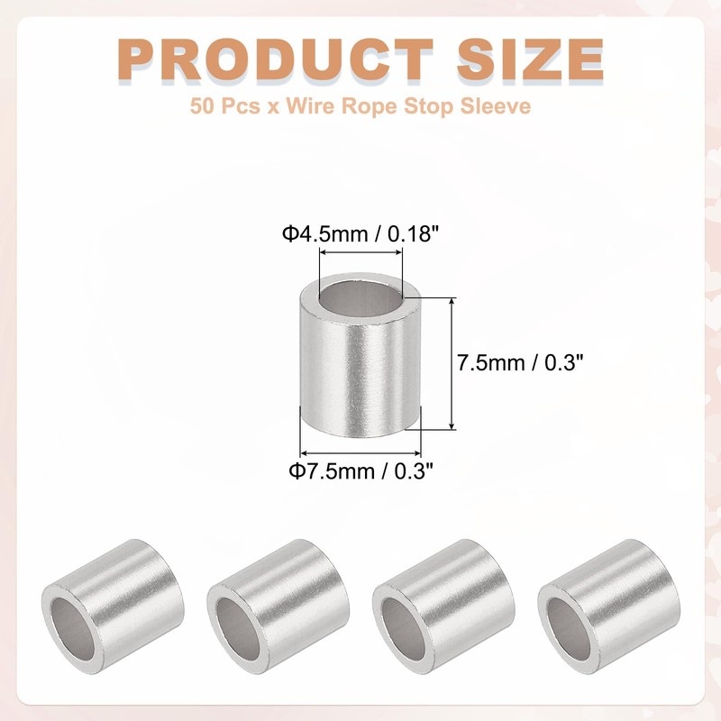 sourcing map 3/16"(4mm) Aluminum Crimping Loop Sleeve, Wire Rope Stop